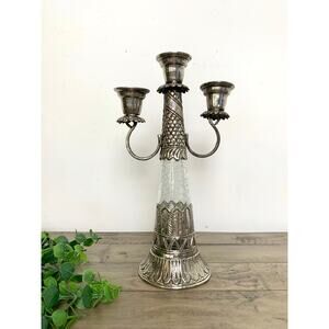 Vintage Ornate Silver Tone Candelabra Crackle Glass Stem Three Arm Candle Holder